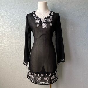 Y2K Sheer Black Embroidered Tunic Top Boho Festival Fairycore Size S
